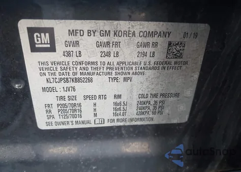 2019 Chevrolet Trax Lt from USA, damaged, VIN KL7CJPSB7KB852268